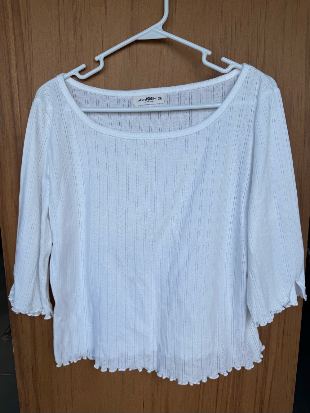 Natural Life White Pointelle Knit Top XL 3/4 Sleeve Lettuce Trim Boho Cottage